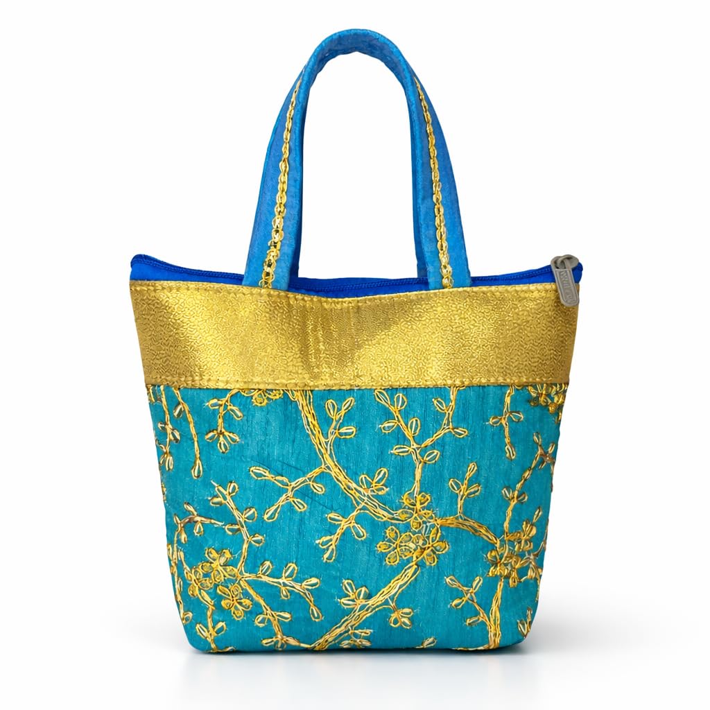 Potli Bag for Women, Blue and Gold Embroidered Tote Bag with Floral Design-image-39