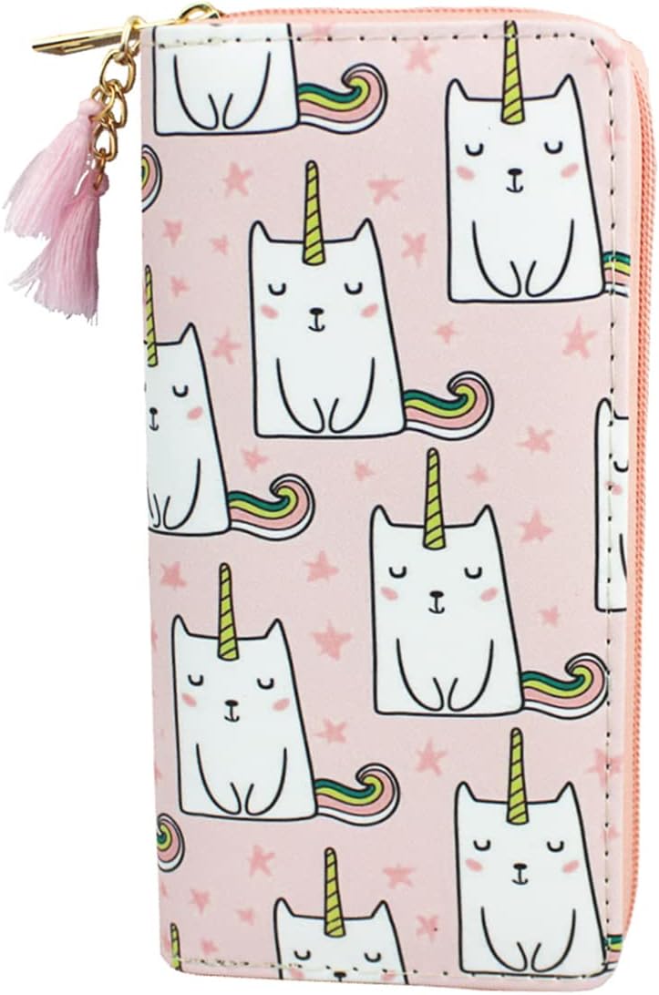 Women Girls Unicorn Wallet Cute Cat Long Wallets For Girls Pink Kitten Purse With Tassels (Unicorn Cat 1010)