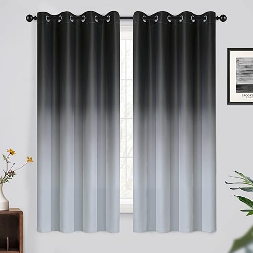 Yakamok Light Blocking Gradient Color Curtains Black Ombre Blackout Curtains Room Darkening Thermal Insulated Grommet Window Drapes for Living Room/Bedroom (Black, 2 Panels, 52x63 Inch)