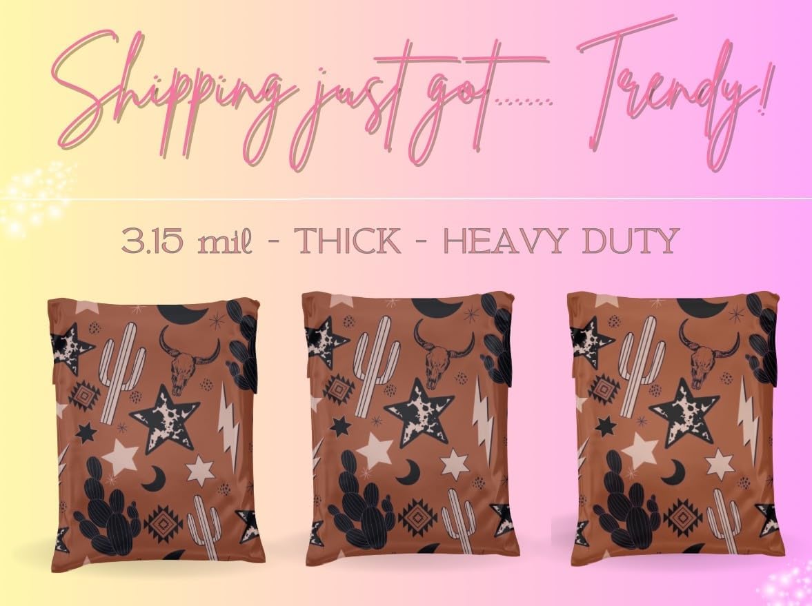 Poly Mailers - 25 Pack, Waterproof, Trendy Chick Mailers 3.15 mil - Heavy Duty, Tear Resistant Mailing Envelopes for small businesses | Cute Shipping Bags for clothing (Wild Wild West, 14.5x19)