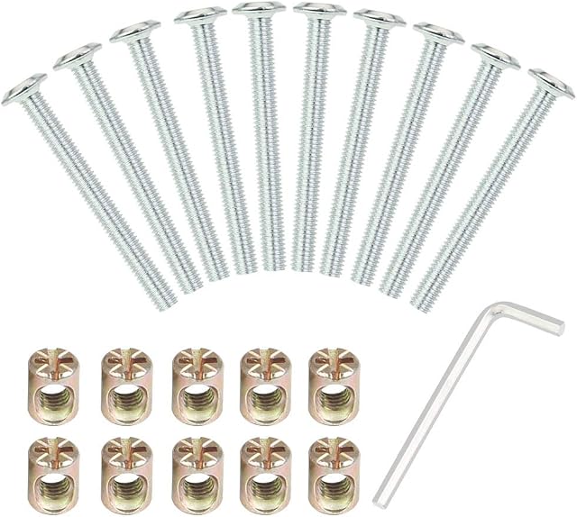BUZIFU Allen Head Bolt M6 Barrel Blot Nuts Kit Hex Socket Cap Screw Bolt Nuts Kit Including M6*60mm Barrel Blots M6*10mm Barrel Nuts 1 x Allen Key for Furniture, Cots, Beds, Crib and Chairs10 Packs