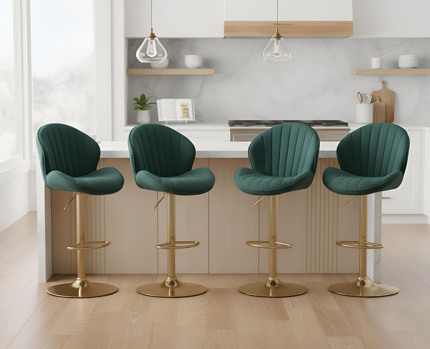 CIMOTA Velvet Green Bar Stools Set of 4 Adjustable Height Bar Chairs Modern Swivel Barstools with Shell Shape Back Kitchen Stools for Island/Home Bar/Counter, (Gold Base/Velvet Green)