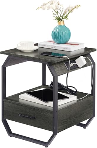 CUANBOZAM Juego de 2 mesitas de noche con estación de carga mesa auxiliar con cajones de almacenamiento puertos USB y tomas de corriente mesa