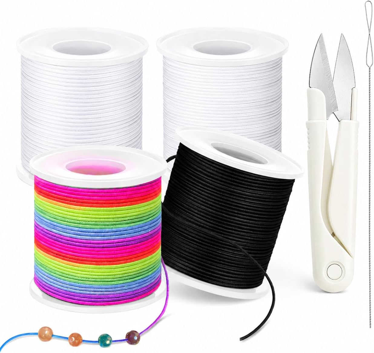 Stretchy Bracelet String Kit with Scissors & Beading Needle, 4 Rolls Elastic String for DIY Crafts, 1mm Stretchy Cord for Jewelry Making Sewing Necklace Beading, 660FT, (Black, 2*White, Rainbow)