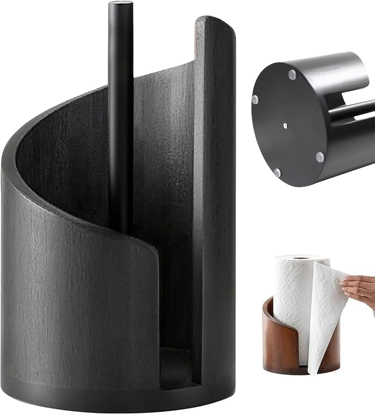 Wooden Paper Towel Holder Countertop with Mango Wood Round Base(Non-Slip Rubber Dots), Effortless Tearing, Modern Countertop Wood Paper Towel Holders for Living Room, Kitchen