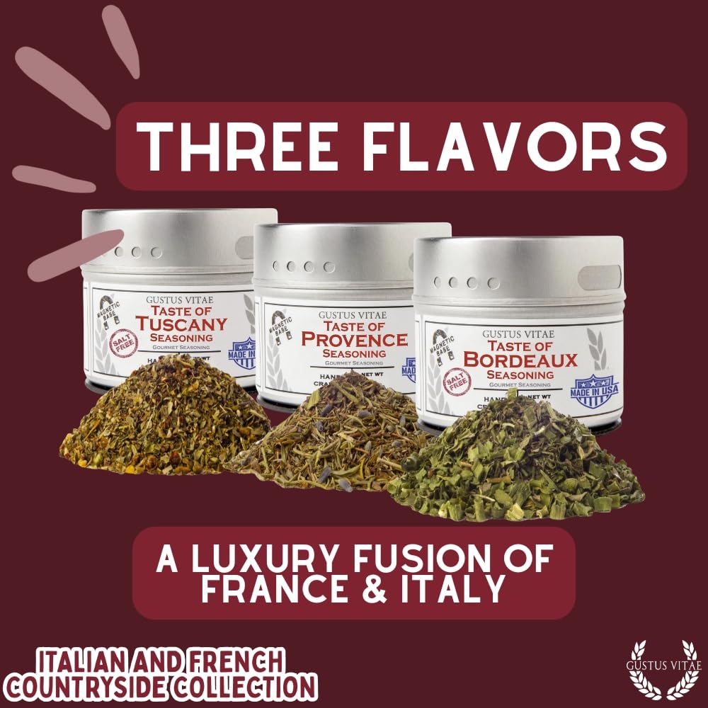 Italian French Countryside Gourmet Seasoning & Spice Collection | Salt Free Spices | Artisanal Seasoning Mixes | All Natural | Non GMO | Hand Made | Small Batch| Made in USA | Ultra Premium | GLP-1 Friendly | 3 Magnetic Tins Set | Gustus Vitae | All Occasion Gift