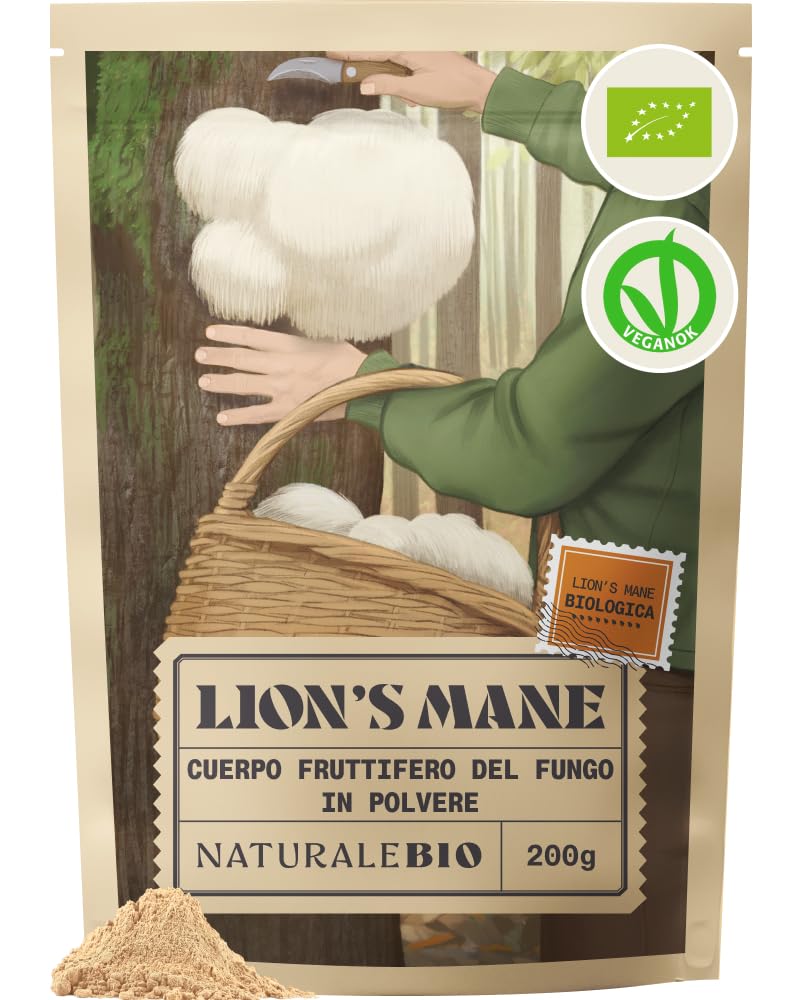 NaturaleBio Criniera di Leone in Polvere 200g | Biologica, Vegana, Senza Glutine, Non OGM | Supporta Funzioni Cognitive, Intestino e Sistema Immunitario | Facile da Assumere