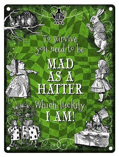 Small (15 x 20 cm) Metal Sign - Alice in Wonderland (colour) - Mad as a Hatter, Multicolour