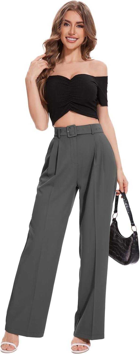 FUNYYZO Women Dress Office Pant High Waist Wide Leg Slacks Business Work Casual Long Belted Trousers 2026 - Image 2