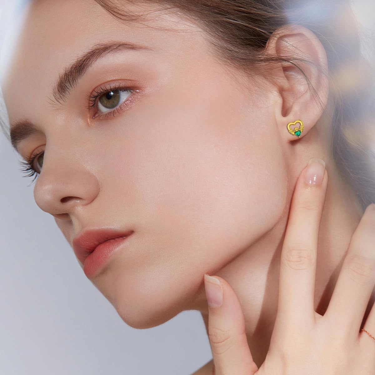 14K Solid Gold Emerald Stud Earrings with Push Backs Real Gold Claddagh Clover Earrings Elegant Irish Jewelry Gift for Women