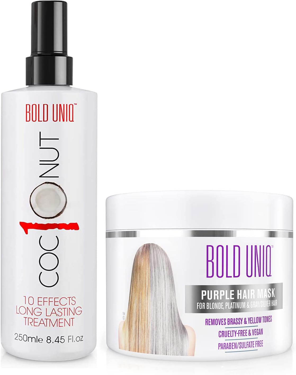 BOLD UNIQ Purple Hair Mask For Blonde, Platinum, Bleached, Silver, Gray, Ash and Brassy Hair & Coconut Heat Protectant Spray - Remove Yellow Tones and Protect Hair from Thermal Heat Up To 450℉