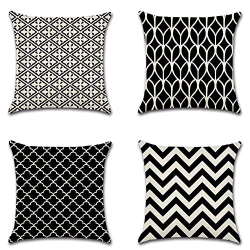 Ohok Juego de 4 fundas de cojín decorativas con diseño, poliéster y lino, 45 x 45 cm, modernas, decorativas para sofá, salón, dormitorio (geométrico negro A)