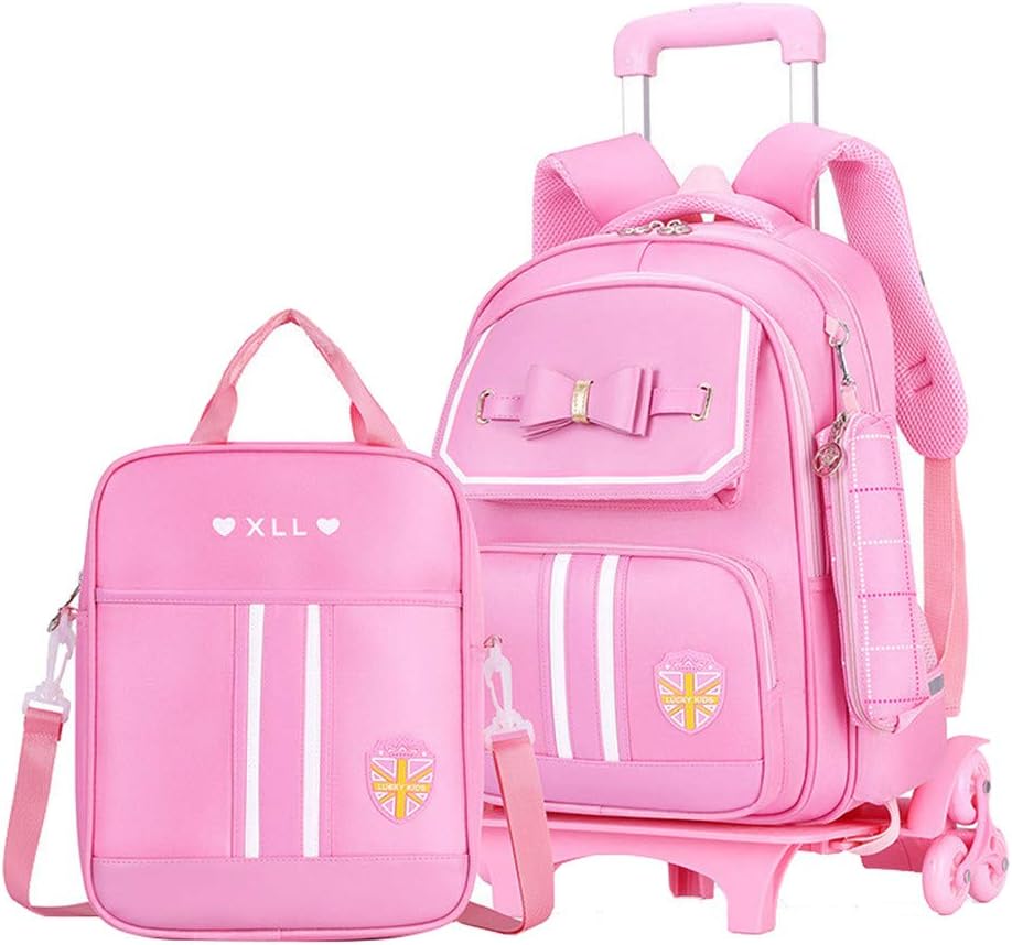 Rolling Backpack for Girls Cute Trolley Bags Primary School Bookbags with Wheels Kids Carry-On Wheeled Backpack with Lunch Bag