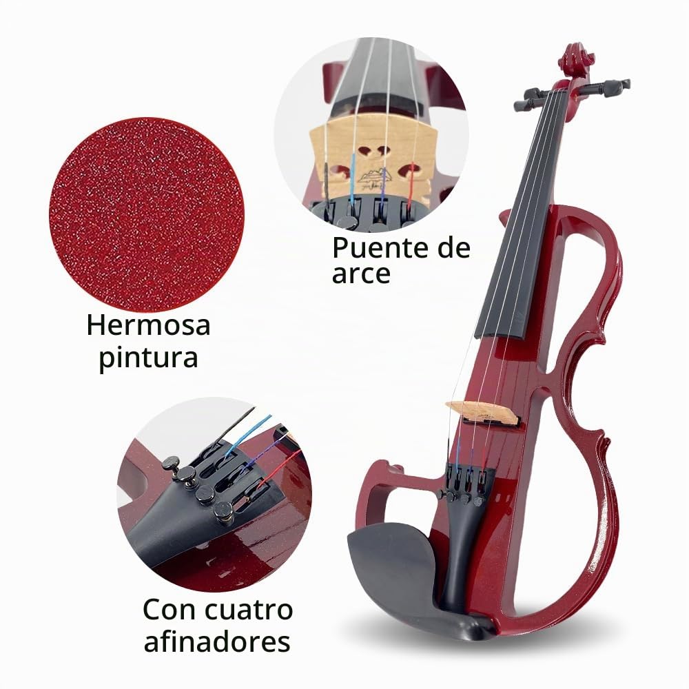Yinfente - Violín eléctrico 4/4 de tamaño completo, silencioso, 4 cuerdas, accesorios de ébano, para principiantes, estudiantes, con caso, lazo, reposacabezas