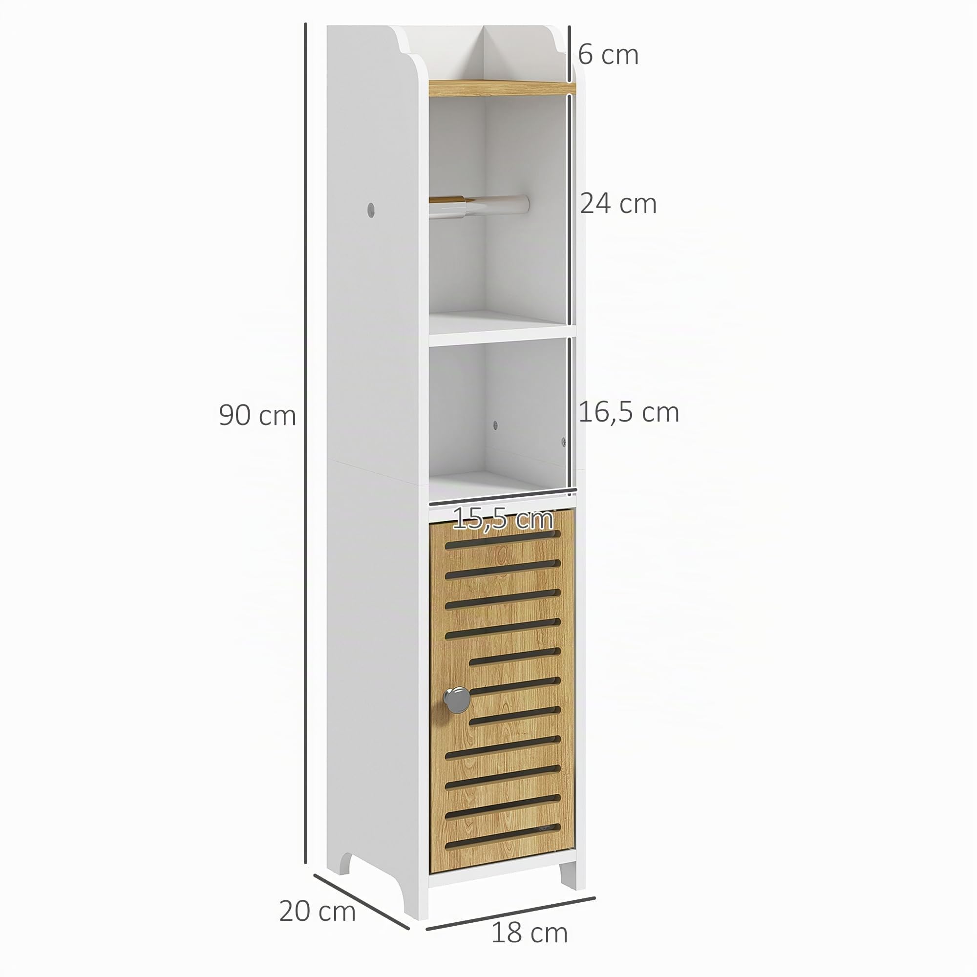 kleankin Armario de Baño Moderno con 1 Puerta 18x20x90 cm Blanco y Roble | Columna Auxiliar de Baño, con Estantes, Portarrollos de Papel, para Dormitorio Sala