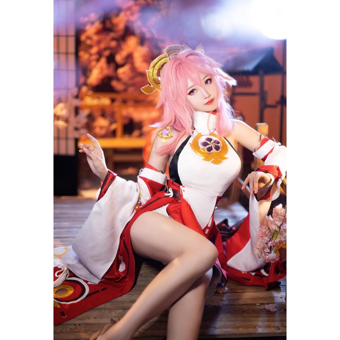 LABEAUTÉ Pink Cosplay Wig for Yae Miko Long Anime Curly Sakura Straight Hair Wig with Ponytails for Halloween Party Include Cap