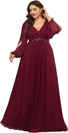 Ever-Pretty Plus Womens Formal Dress Floor Length V Neck Lantern Long Sleeves Applique Plus Size Mother of The Bride Dresses