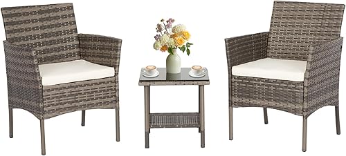 FDW - Juego de 3 piezas de muebles de patio al aire libre, sillas de mimbre gris, juego de bistro, 2 sillas de ratán con cojines caqui y mesa de