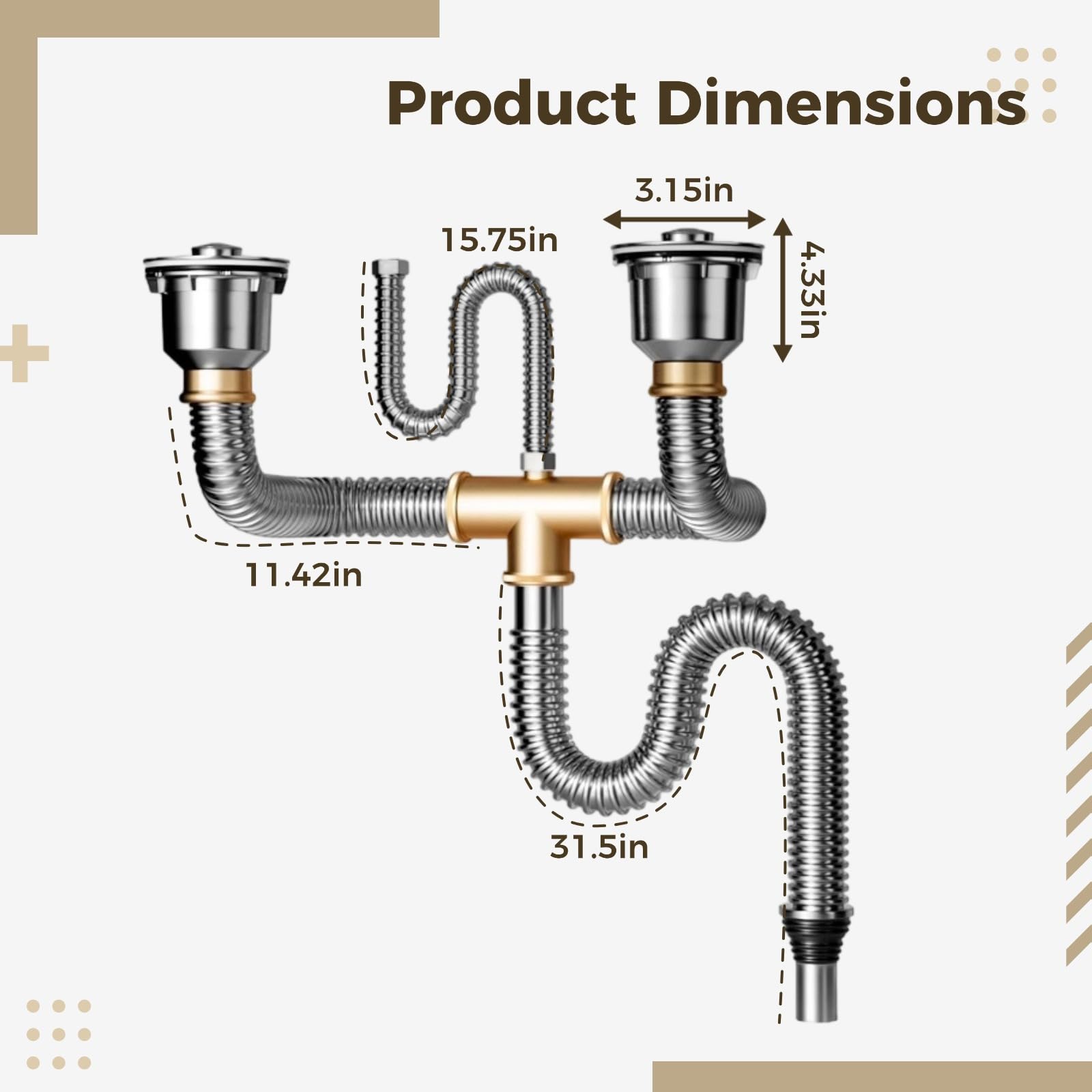 Set per lavello da cucina in acciaio inossidabile 304, doppio tubo di scarico per lavello da cucina, tappo anti-odore, tubo di troppopieno, tubo di coda da 80 cm, montaggio semplice