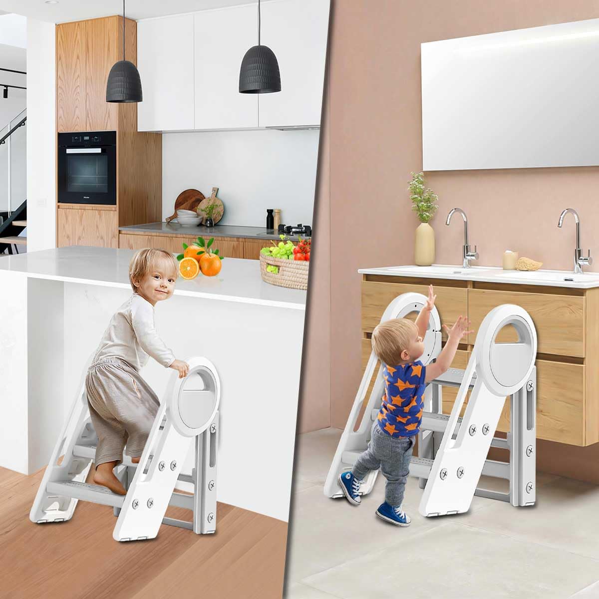 Opstapje voor kinderen, 56,75 kg, draagvermogen, opstapje 510 x 540 x 942 mm, kruk, massief houten badkamerkruk met veiligheidsrails, leertoren, kinderkrukje, opstapje, kinderkrukje, opvouwbaar | NL Opstapje voor kinderen, 56,75 kg, draagvermogen, opstapje 510 x 540 x 942 mm, kruk, massief houten badkamerkruk met veiligheidsrails, leertoren, kinderkrukje, opstapje, kinderkrukje, opvouwbaar | NL