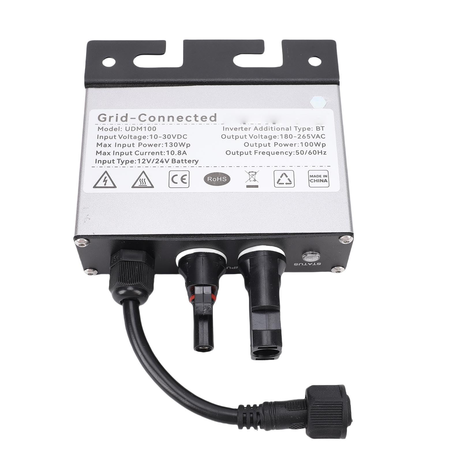 BuyWeek Inversor de Conexión a Red de 100 W, Entrada de Batería de 12V/24V CC a Microinversor de Salida de 180V-265V CA, Soporte a Prueba de Agua IP45 Conexión Rápida a Red