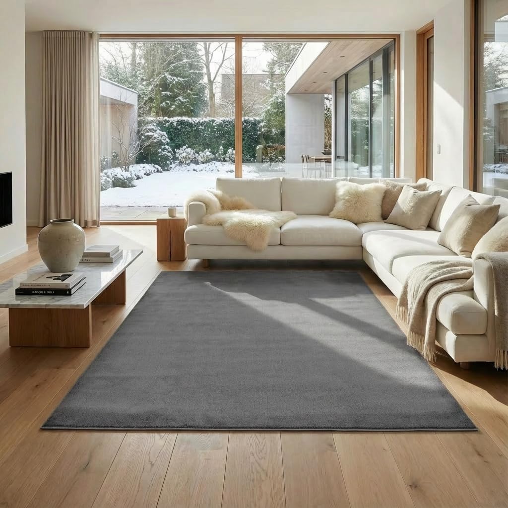 Jimri Flauschiger Teppich Läufer - Hochwertiger Kurzflor für Zuhause, Büro, Küche, Eingang, Flur, Wohnzimmer - Maschinenwaschbar - Rutschfester Teppich Waschbar - 120x160 cm - Anthrazit