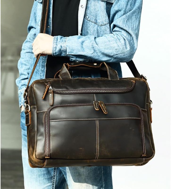 Retro Men's Computer Business Briefcase Genuine Leather Large Capacity Handbag