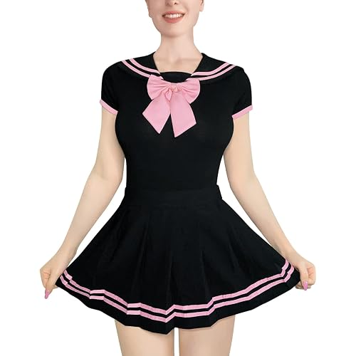 LittleForBig Cotton Romper Onesie Pajamas Bodysuit – Classic Japanese School Girls Onesie Skirt Set Black - S - Black-1