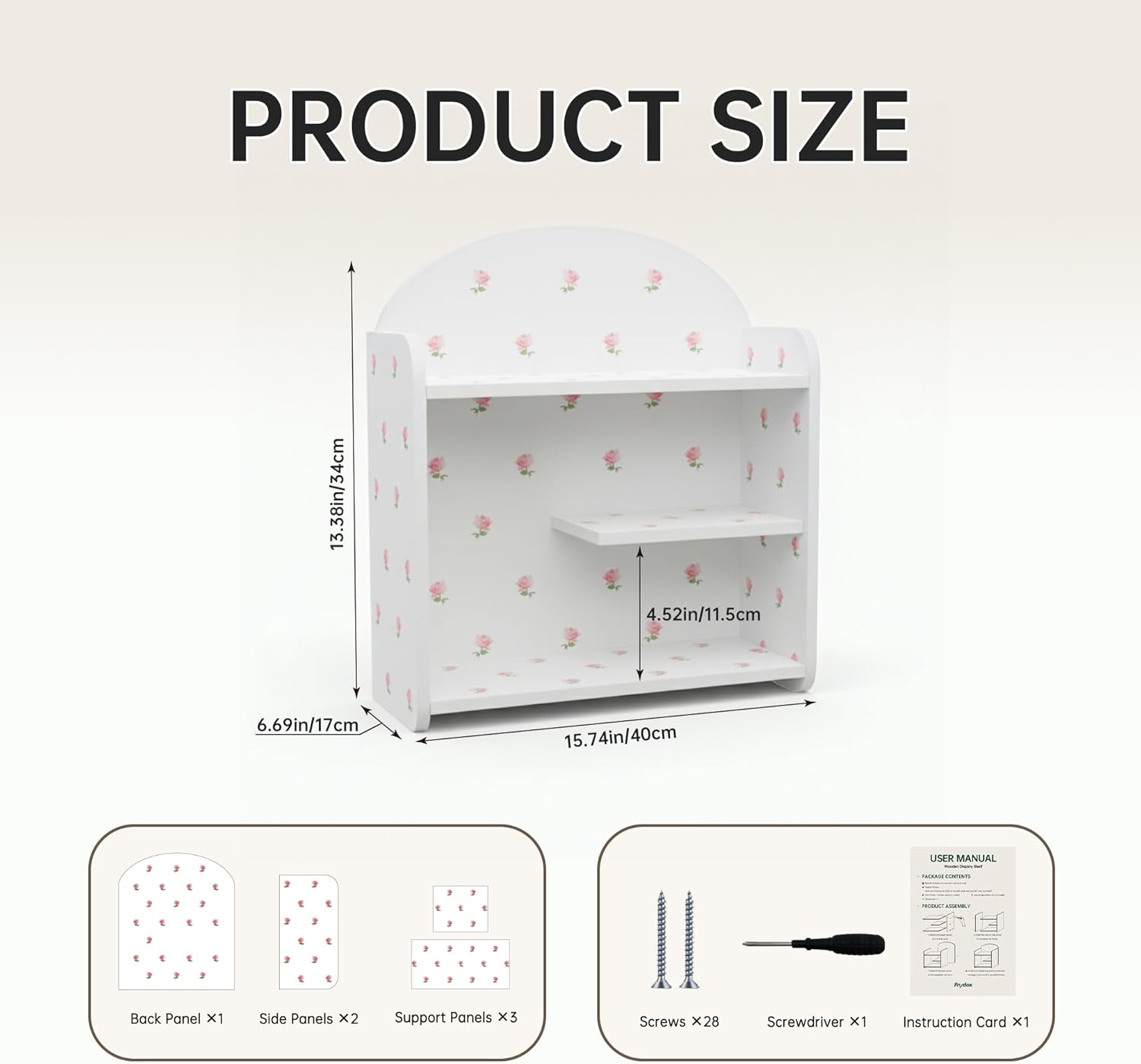 Bohemian Trinket Shelf, 3-Tier Wood Desktop Shelf Organizer, Pre-Assembled Tabletop Display Rack with Rose Flower Print, Aesthetic Storage for Office, Dorm, Vanity, White