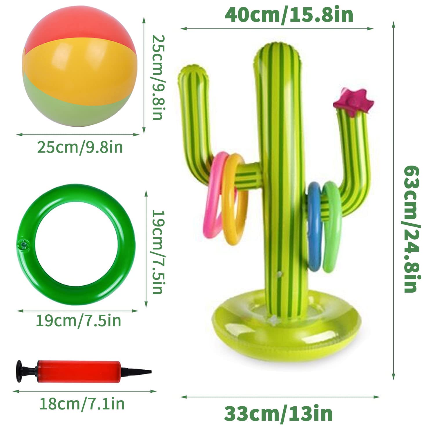 Aufblasbares Kaktus Ring Wurf Spiel Set, 1 Aufblasbaren Kaktus, 1 Aufblasbarer Ball, 8 Farbe Aufblasbare Ringe und 1 Luftpumpe für Sommer Party Kinder Erwachsene Pool Spielzeug