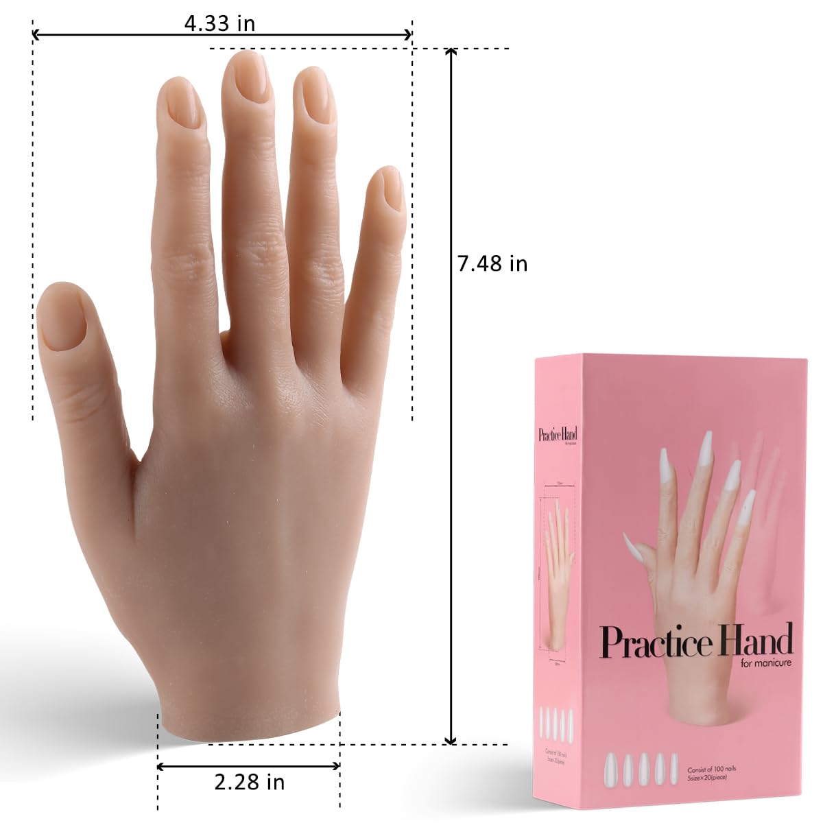 Silicone Practice Hand for Acrylic Nails, Soft Flexible Fake Hand Practice Nail Acrylic Technician Fake Nail Mannequin Hand with 100PCS False Nail Tips, Nail Art Beginner Kit Training Tools