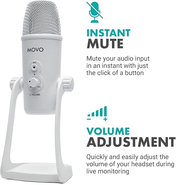 Movo UM700W White Desktop USB Microphone for Computer - Studio Mic with 4 Pickup Patterns - USB Gaming Microphone for PC, Mac, and Android - Best Mic for Podcast Recording and Streaming Setup