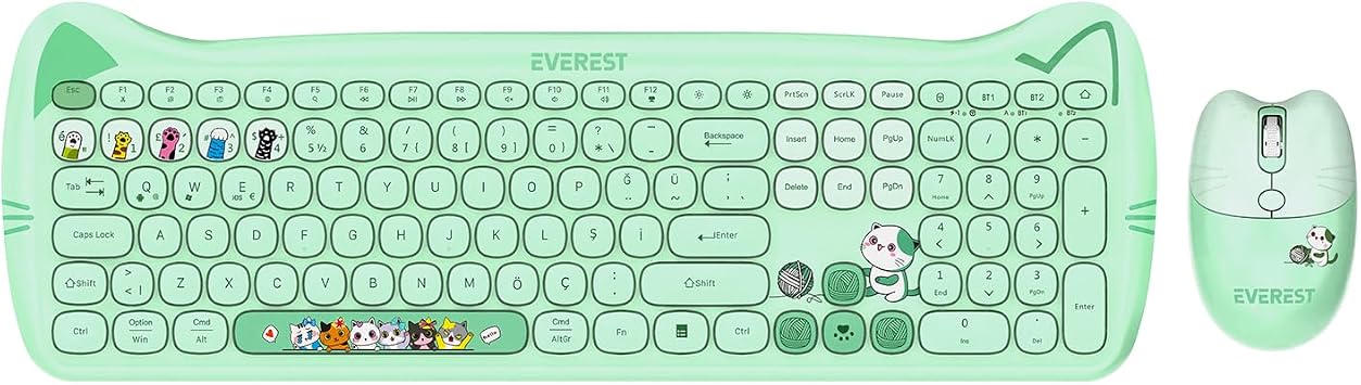 Everest KM-6283 CATTY Renkli Tu lu Ye il 2.4 ghz + BT Kablosuz Q Multimedia Klavye + Mouse + Pad Set