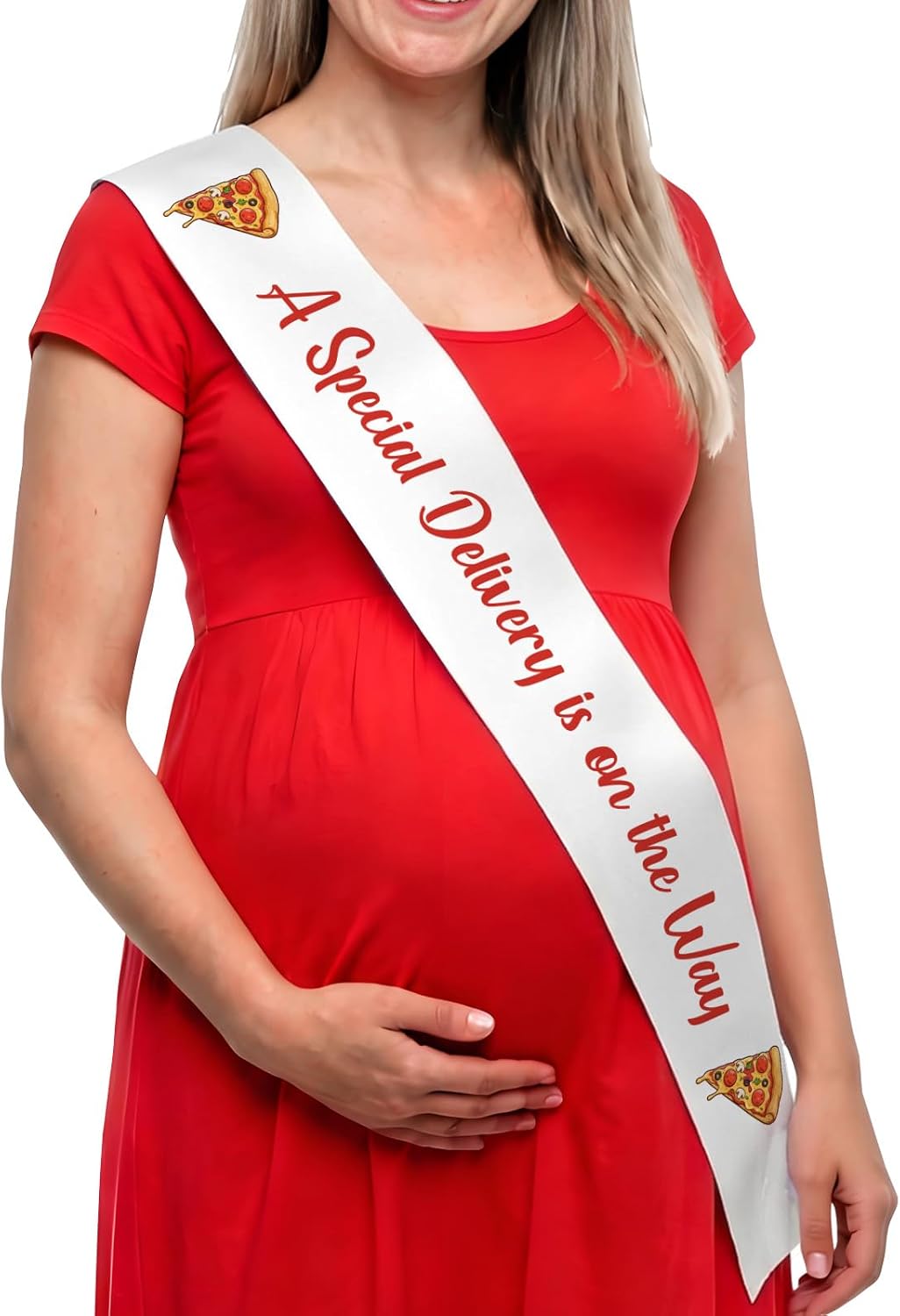 Serencatcher Pizza Baby Shower Sash for Mom, A Special Delivery Is On The Way Mom to Be Satin Sash with Gold Pin for Pizza Theme Baby Shower Party Decorations Gifts Favors