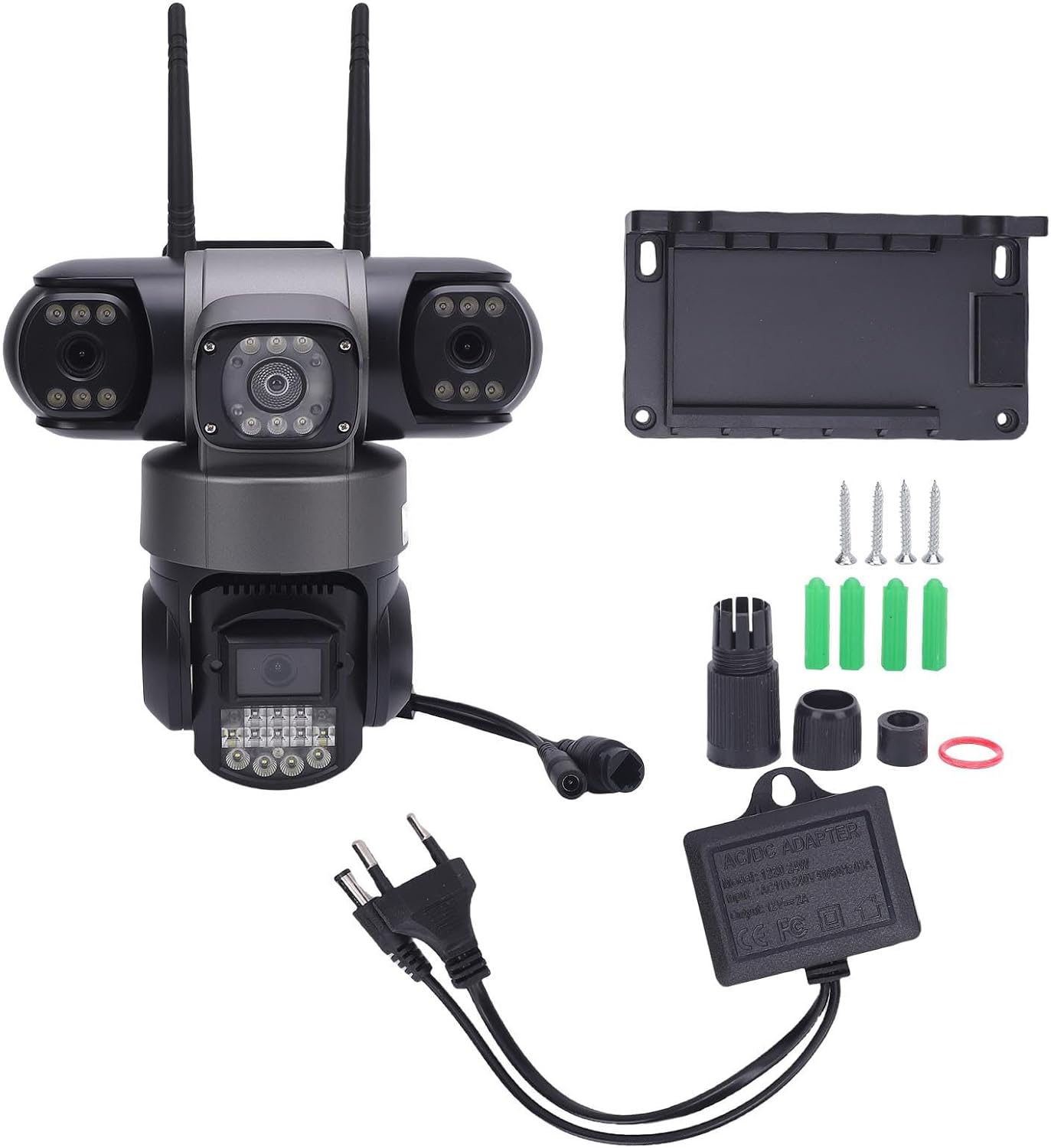 Image showing the Cuifati Triple Lens Security Camera along with its accessories: mounting bracket, screws, wall plugs, waterproof connectors, and EU plug power adapter.