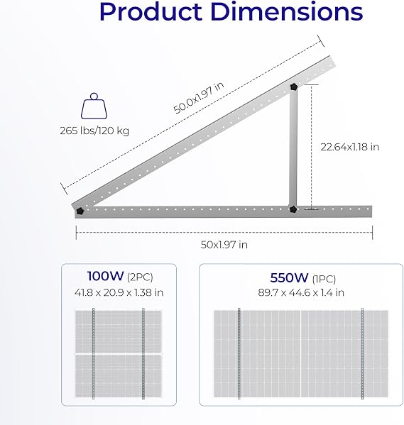 Renogy 50in Mounting Brackets , Adjustable Solar Panel Mount with with Foldable Tilt Legs Compatible with Flat Surfaces, Supports Up to 320W, Over 160W Renogy N-Type Panels or 2 x 100W Panels