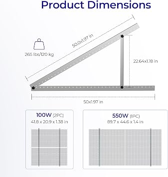 Renogy 50in Mounting Brackets , Adjustable Solar Panel Mount with with Foldable Tilt Legs Compatible with Flat Surfaces, Supports Up to 320W, Over 160W Renogy N-Type Panels or 2 x 100W Panels