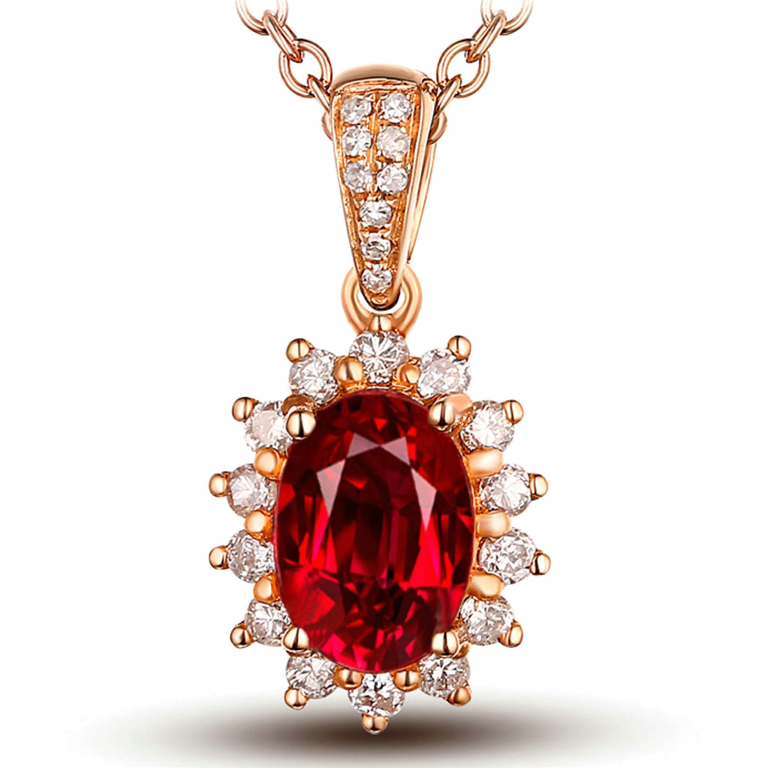 Collar para mujer de oro rosa 750 585 375 de oro auténtico con colgante, cadena colgante de flor con rubí de 1 ct y diamante de 0,19 ct, collar sin níquel, 45 cm