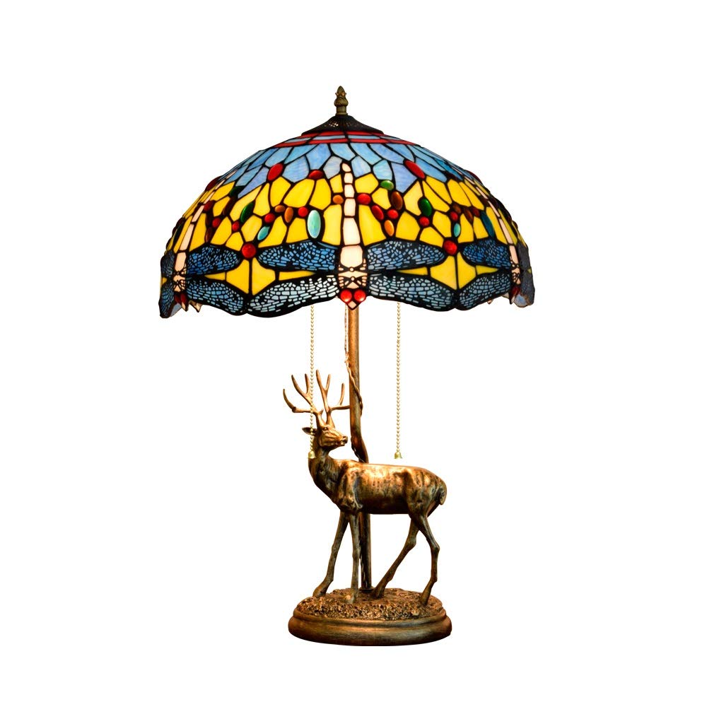 Aioneer 16 Inch Tiffany Stained Glass Table Lamp American Style Elk Base Mediterranean Blue Creative Dragonfly Desk Lamp