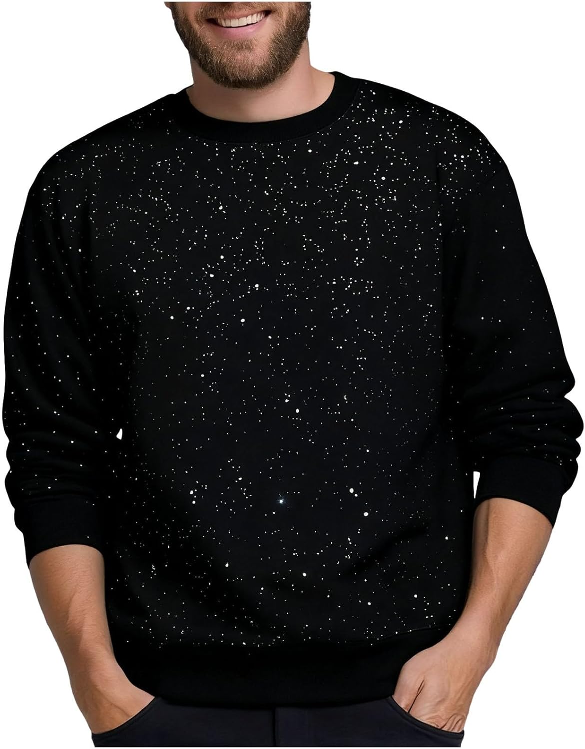 Mens Glitter Sequin Crew Neck Sweatshirt Long Sleeve Plain Thermal Pullover Top Oversized Fashion Fall Casual Wear