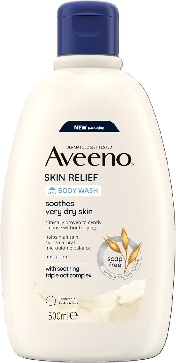 Aveeno Skin Relief Moisturising Body Wash (1x 500ml), Gentle Cleansing Wash with Soothing Triple Oat Complex, Soap-Free, Unscented for Sensitive and Very Dry Skin