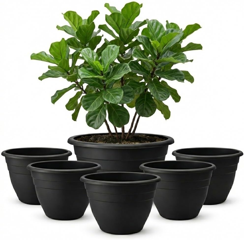 20 Inch Large Plant Pots Outdoor,6 Pack Black Plastic Planters with Drainage Holes,Heavy Duty Lightweight Flower Pots for Trees,Fiddle Leaf Fig,Palm,Patio & Garden