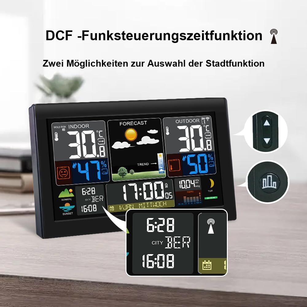 KETOTEK Wetterstation Funk mit Außensensor Innen und Außentemperatur Wettervorhersage HD LCD Display Digital Thermometer Hygrometer,DCF Funkwecker,Barometer, Sonnenaufgang Sonnenuntergang, Mondphase