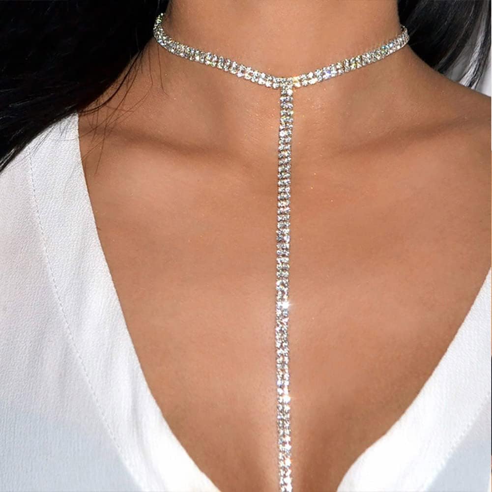 Carufin Multi Row Long Necklace Silver Crystal Tennis Chain Rhinestones Choker Necklace Jewelry for Women and Girls (2 rows)