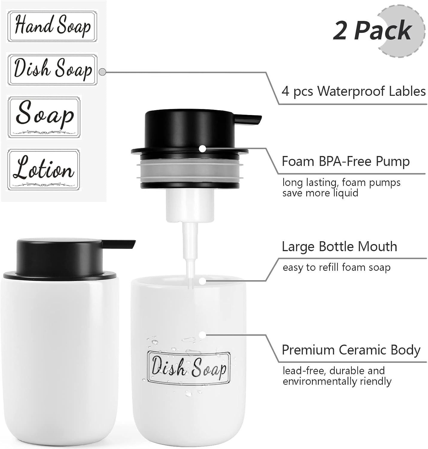 BosilunLife Foaming Soap Dispenser Set - White Ceramic Foam Hand Dispenser 12oz Soap Dispenser Set with Rust Proof Pump, 4Pcs Clear Stickers for Kitchen, Bathroom - 2 Pack - Image 2