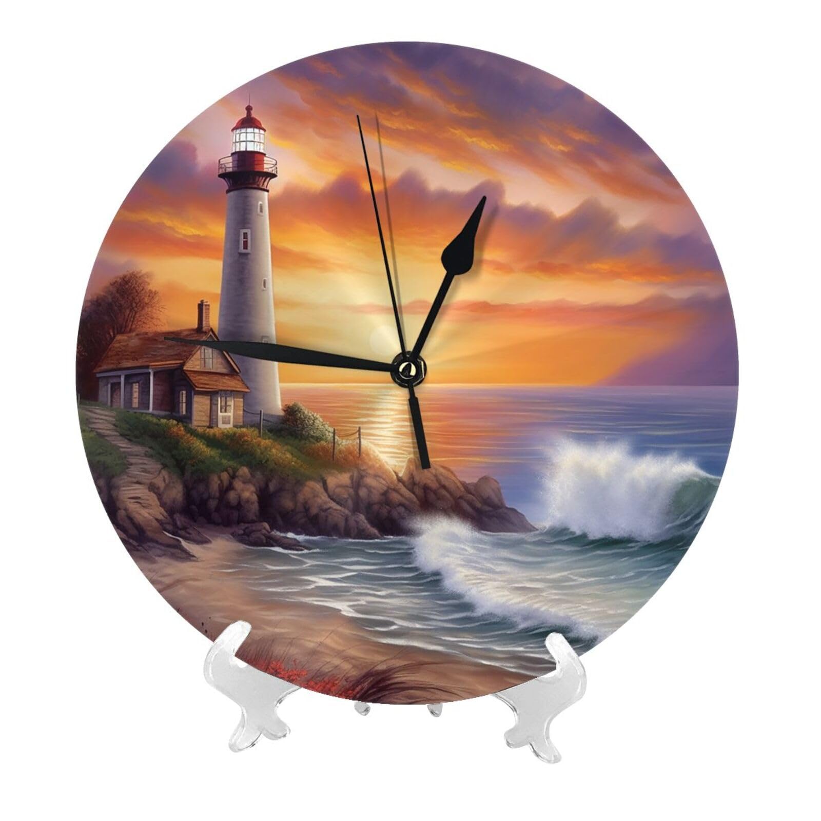 DWVTSLH Lighthouse at Sunset Wall Clock 10 Inch Silent Non-Ticking Modern Clocks Battery Operated - Decorative Wall Clocks for Bedroom Living Room Kitchen Office Wall Decor Gift Idea