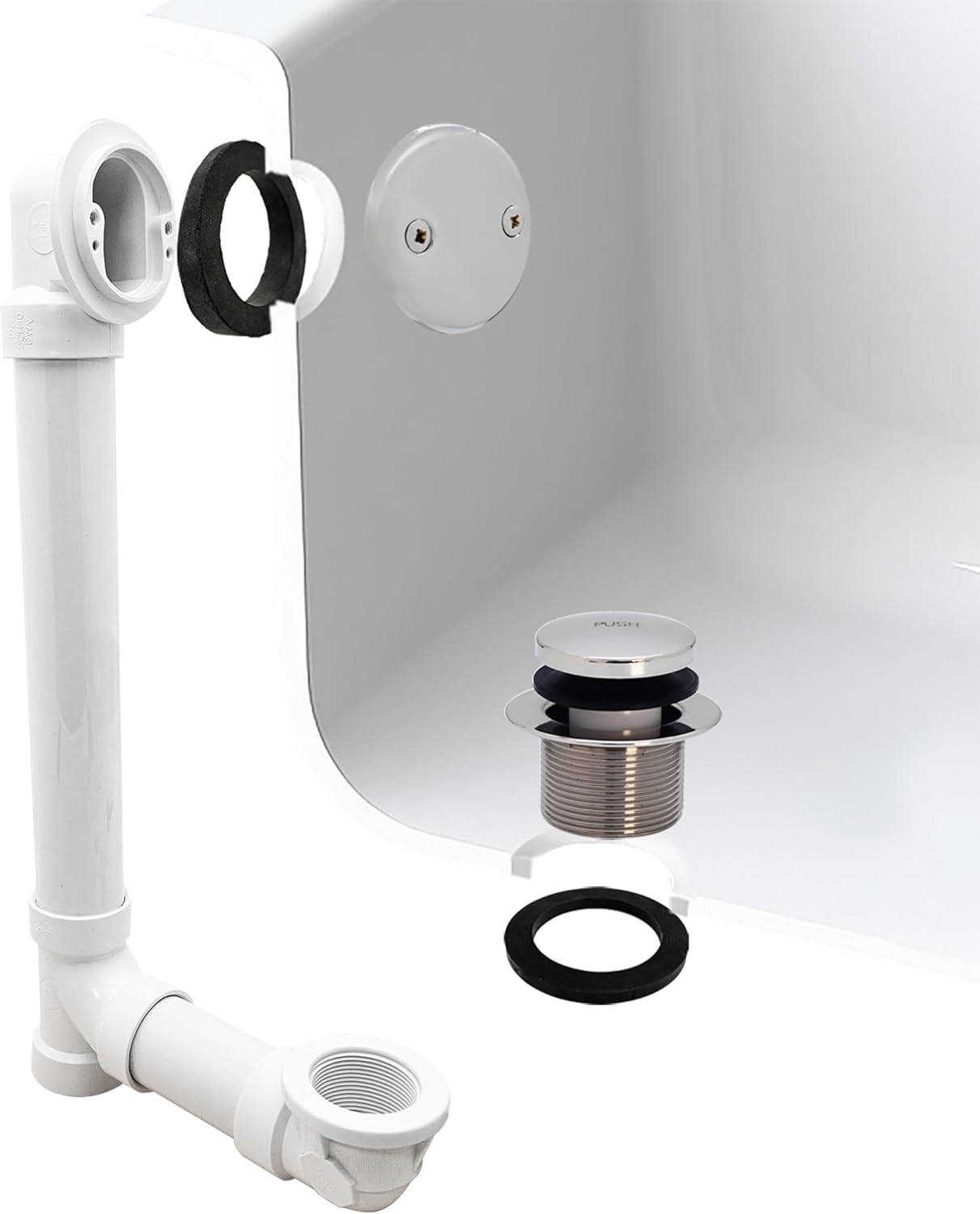 Westbrass A4932-26 1-1/2" x 12" Bath Waste & Overflow Assembly with Two-Hole Faceplate Cover and Tip-Toe Drain Plug - Sch. 40 PVC, Polished Chrome