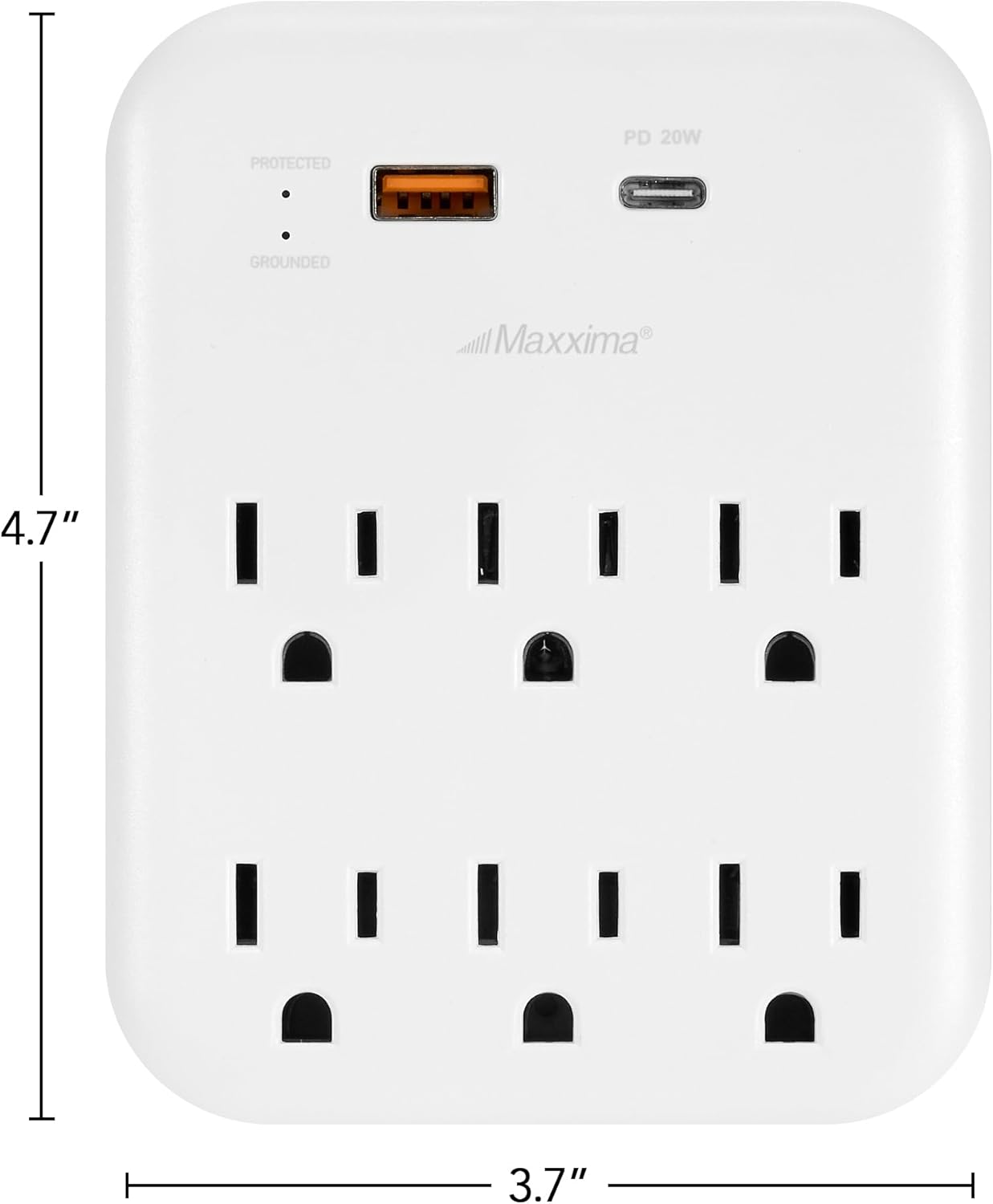 Maxxima 6 Outlet 1 USB-A 1 USB-C Grounded Plug Adapter, 1200 Joules Surge Protection, 3.1A Charging Ports, Power Delivery QC 3.0, 20W Wall Plug Power Strip for Kitchens, Travel, Office