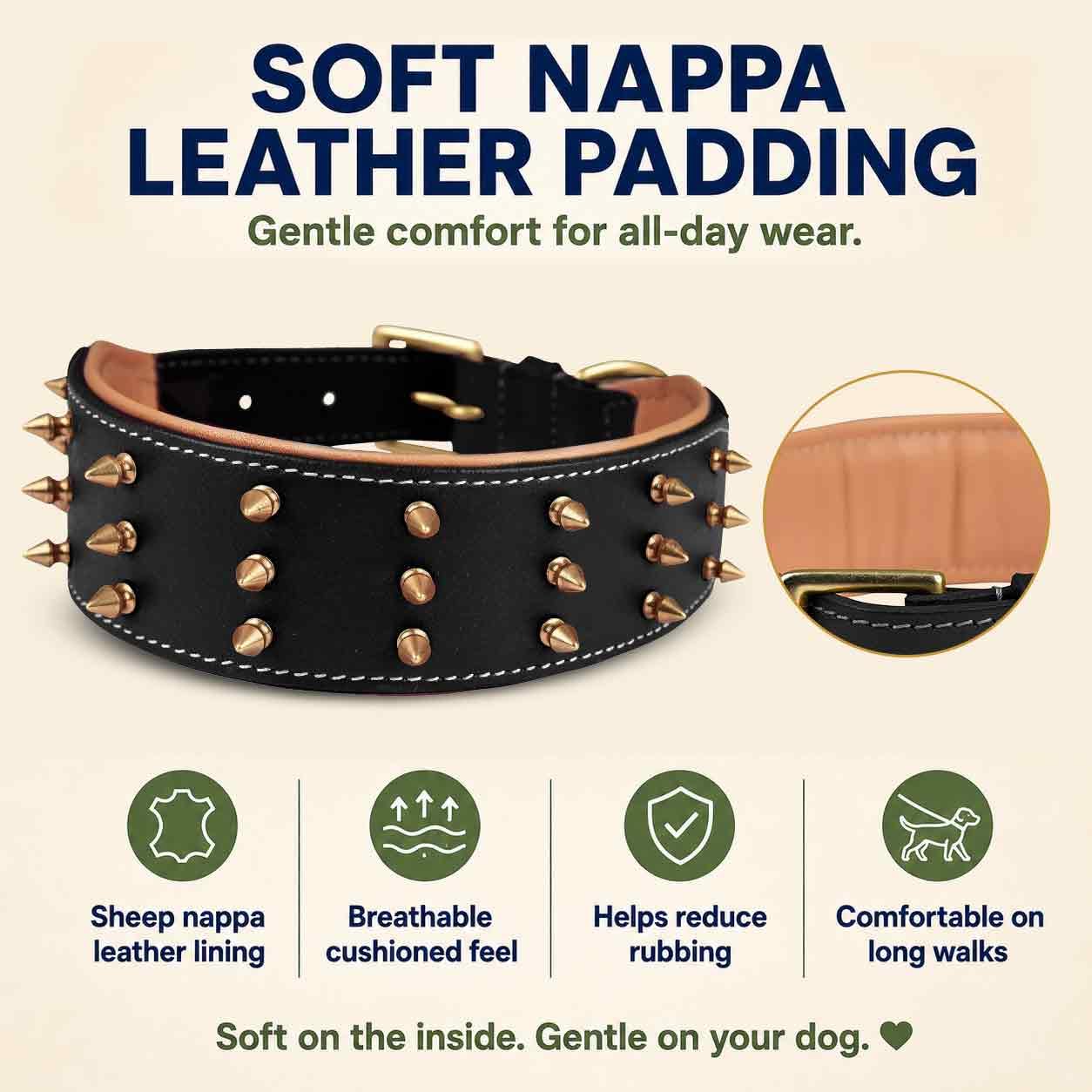 Collar de Cuero con Pinchos para Perros Grandes, Collar de 5 cm de Ancho para Perros Grandes, Collar de Perro Negro, auténtico, de Grano Completo, Resistente, cómodo, Acolchado, (L (para