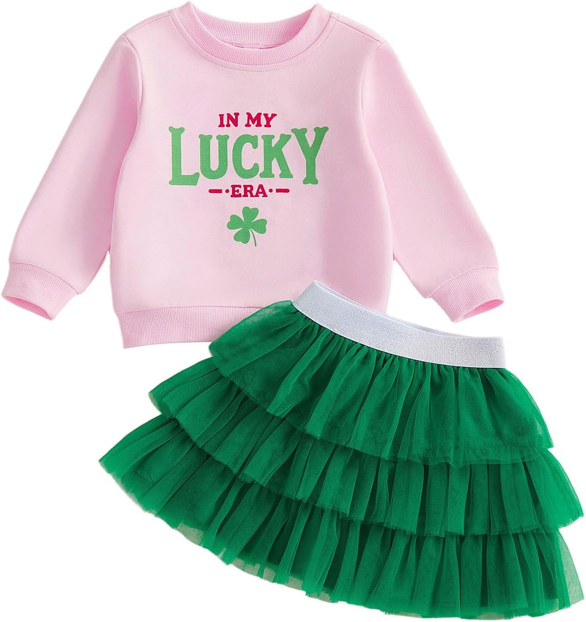 Kids Girl Irish Day Skirt Outfit Long Sleeve O Neck Letter Clover Print Tops Tulle Skirt Set Lively and Adorable